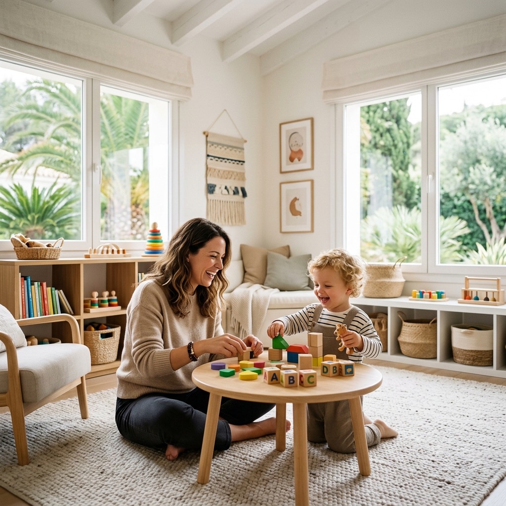 Children playing in a sunlit villa room