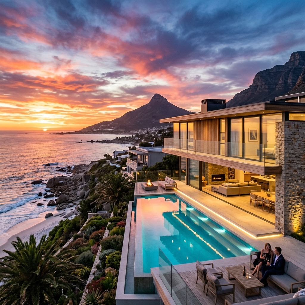 Luxury coastal villa exterior overlooking the ocean