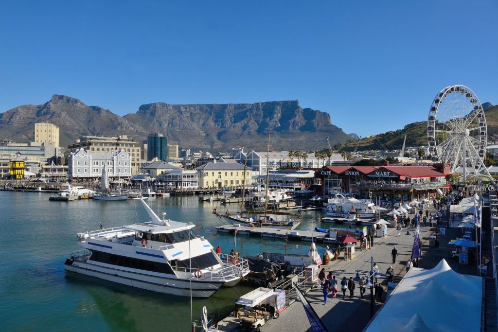 The V&A Waterfront on a busy day with Table Mountain as a backdrop